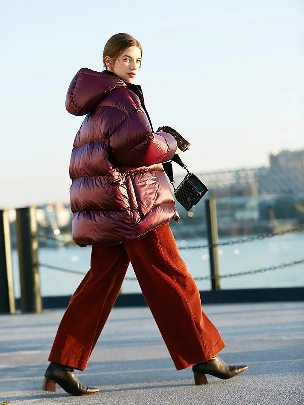 Claret Hooded Belted Down Puffer Jacket