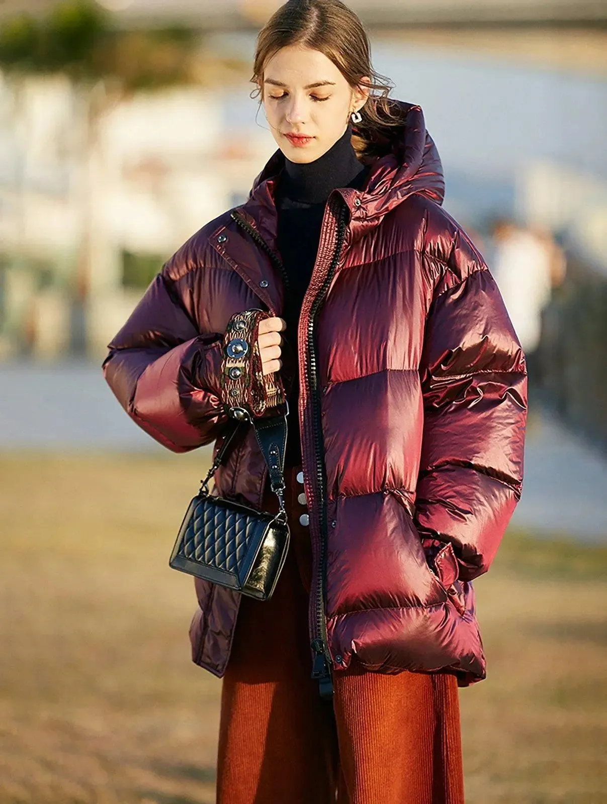 Claret Hooded Belted Down Puffer Jacket