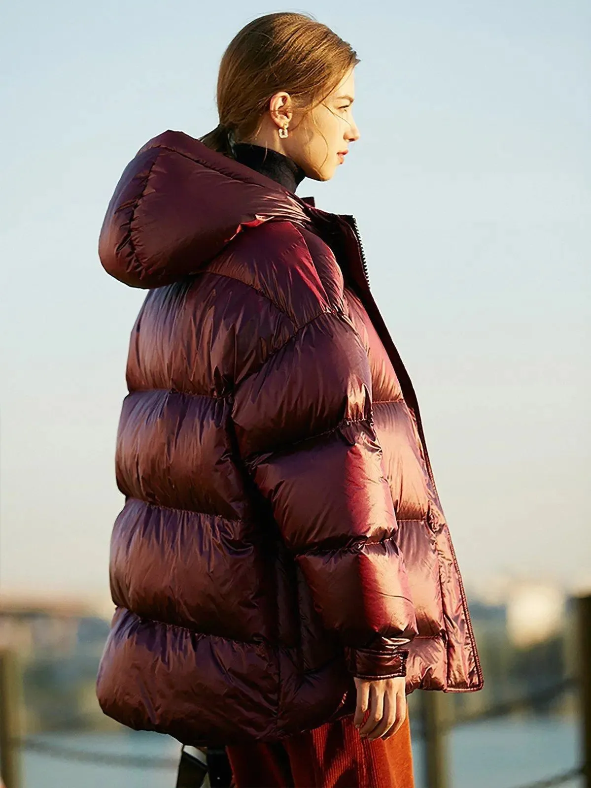 Claret Hooded Belted Down Puffer Jacket