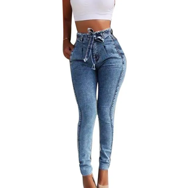 Comfortable Belted High Waist Stretch Skinny Jeans Long Pants