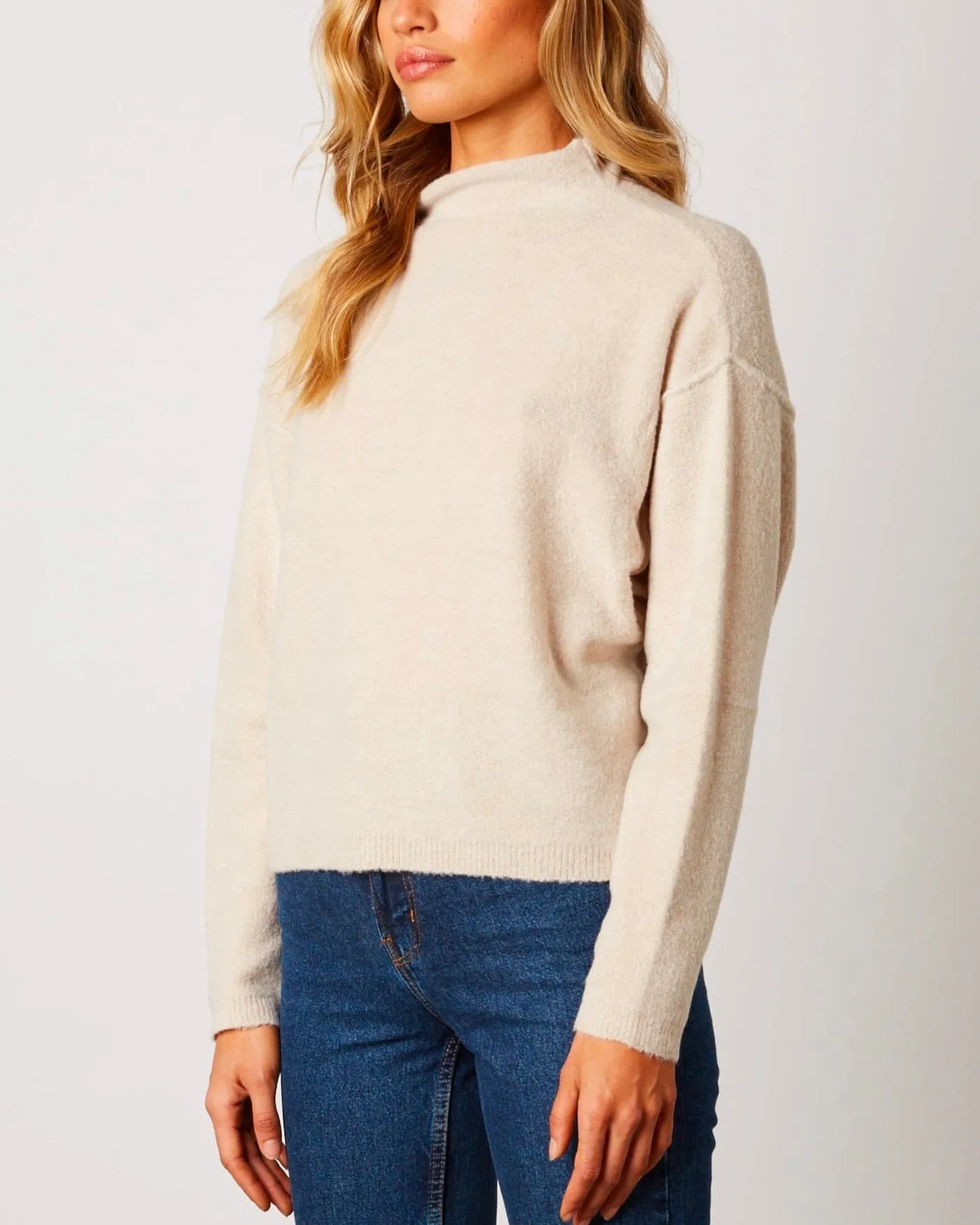 Cotton Candy LA - Mock Neck Ribbed Trim Dropped Shoulders Sweater in Oatmeal