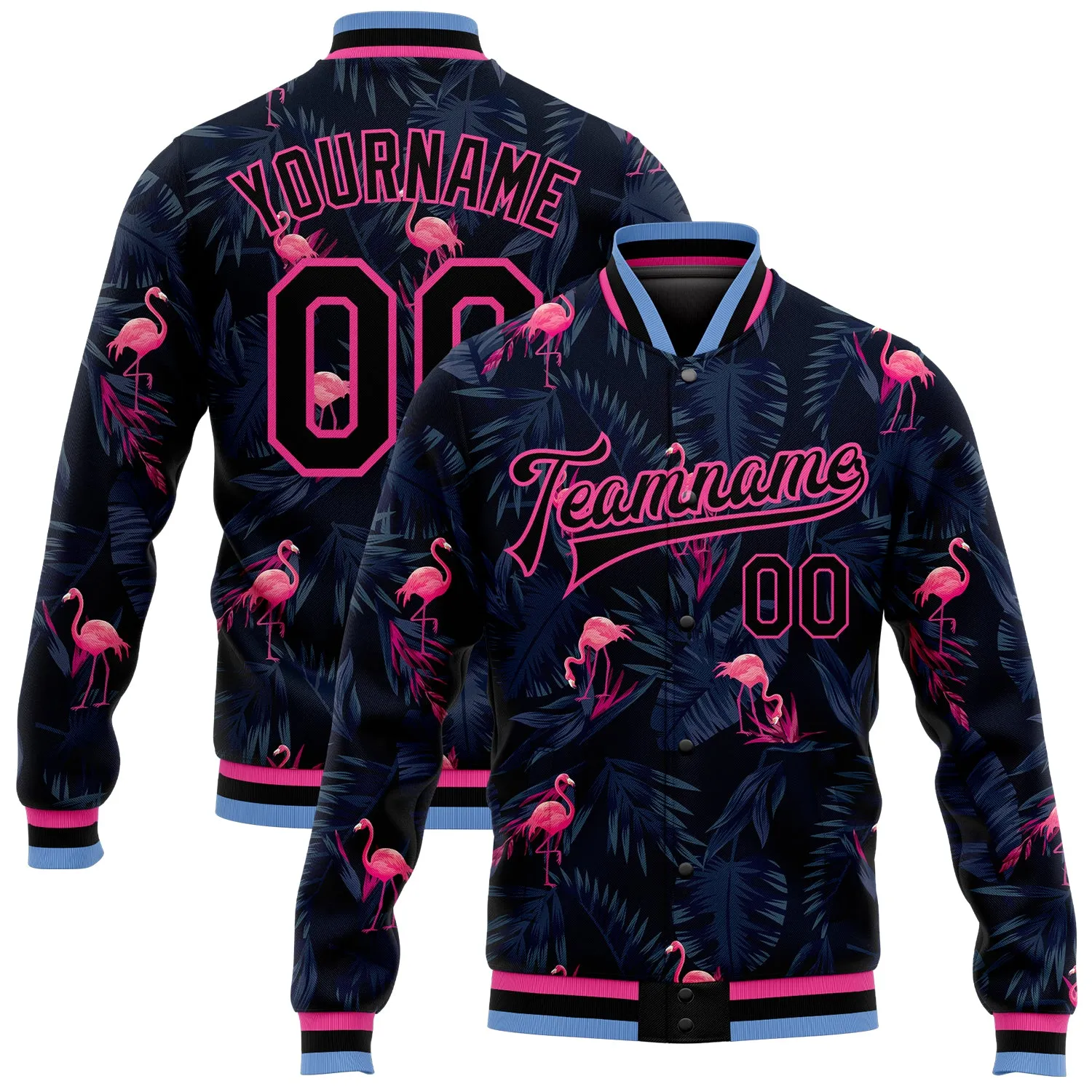 Custom Black Black Pink-Light Blue Hawaii Palm Trees And Flamingo 3D Bomber Full-Snap Varsity Letterman Jacket