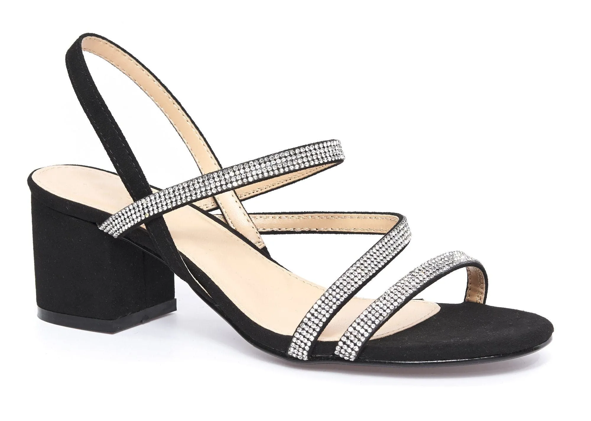 Darwin Crisscross Diamante Slingback Block Heel Sandal in Black Suede