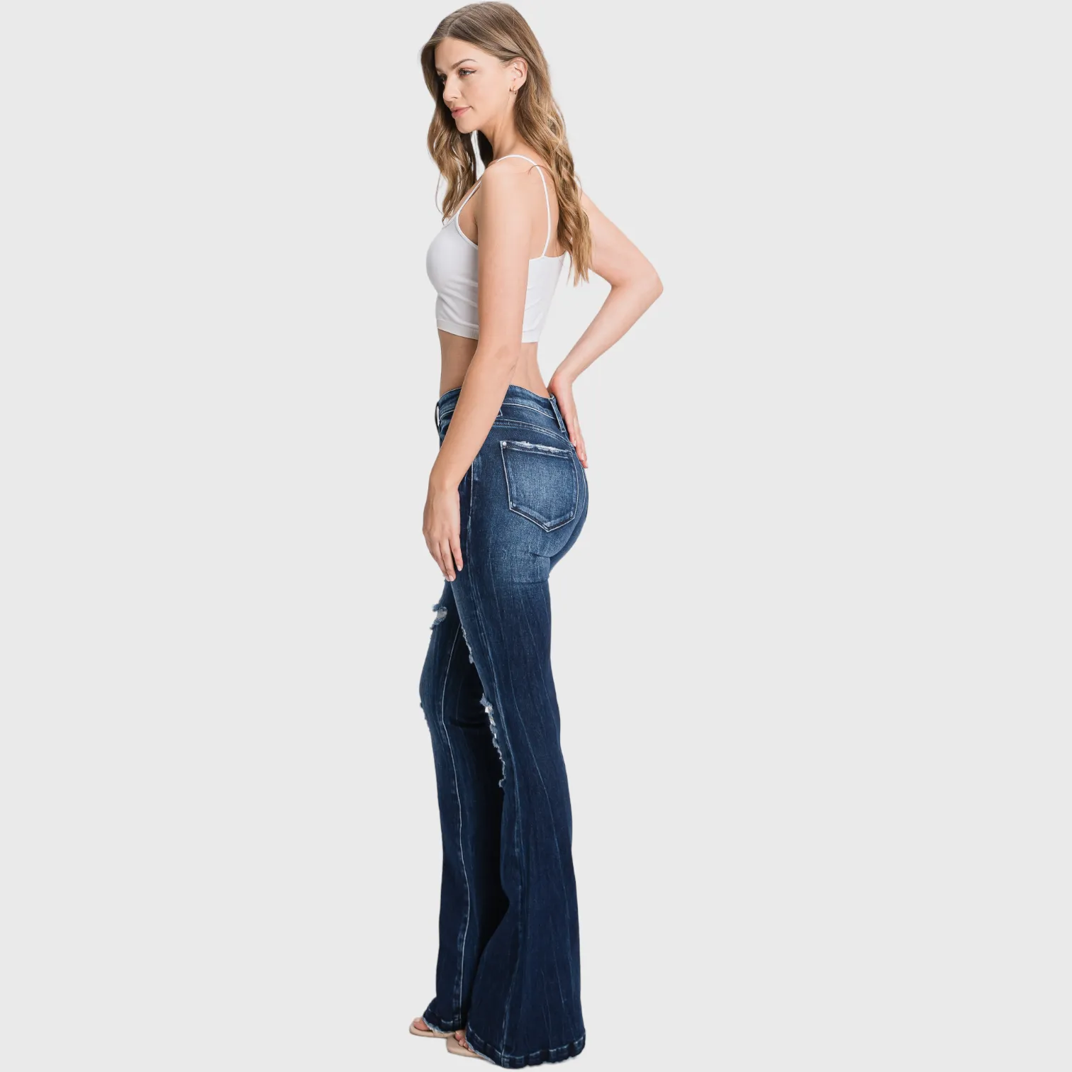 DISTRESSED MID RISE STRETCH FLARE WITH TROUSER HEM(PETITE)