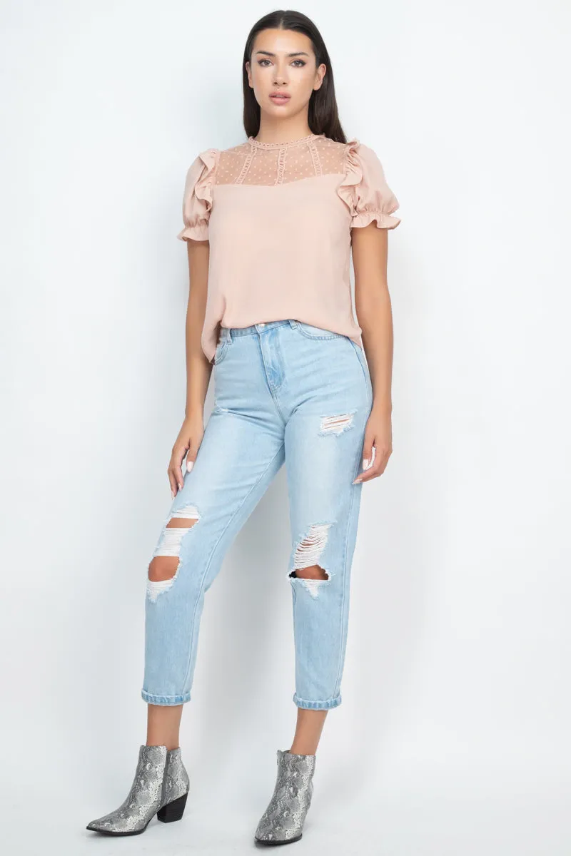 Dot Mesh Ruffled Sleeve Blouse