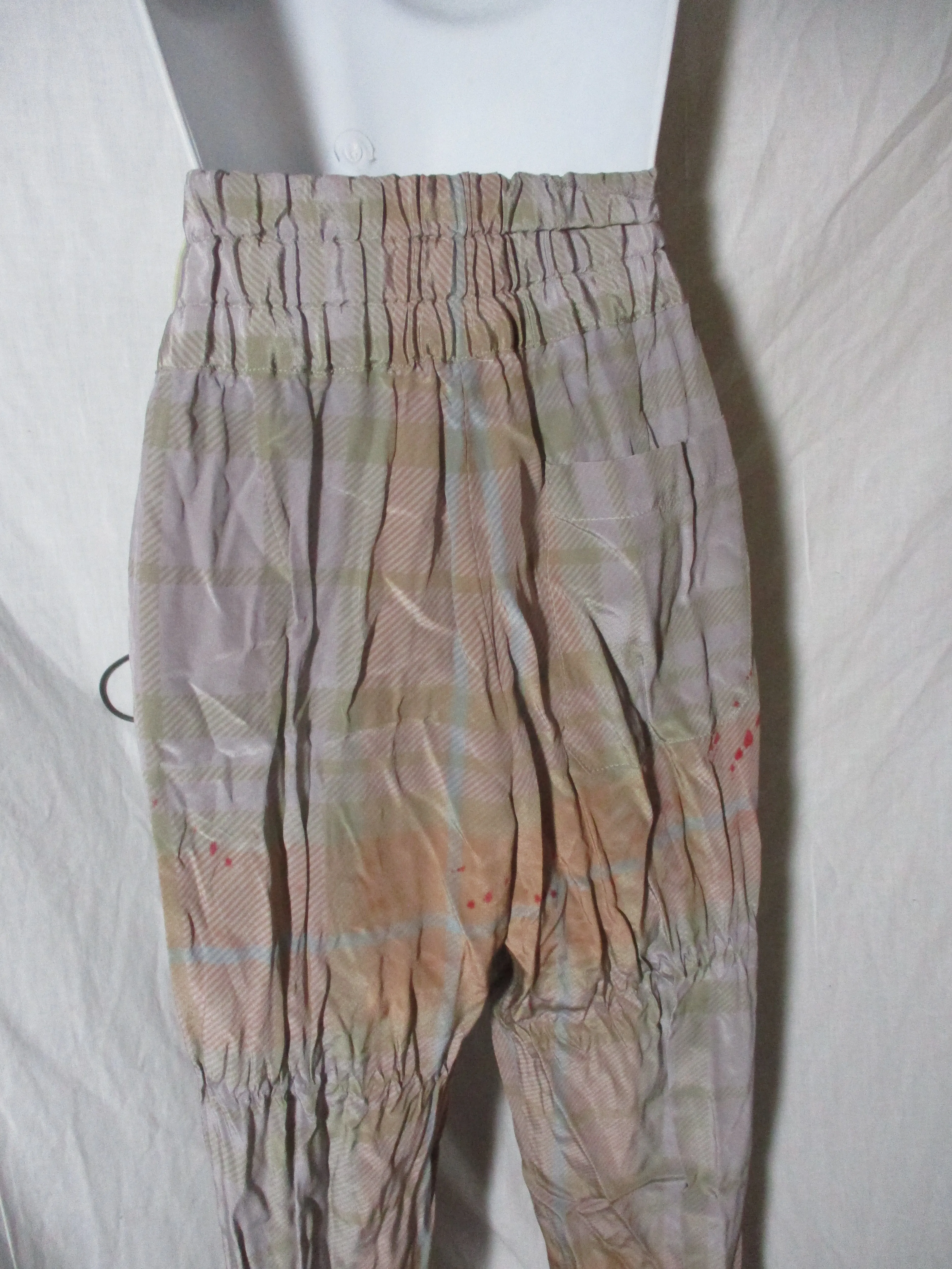 DRIES VAN NOTEN Silk Pants Trousers 40 Splatter Plaid Check