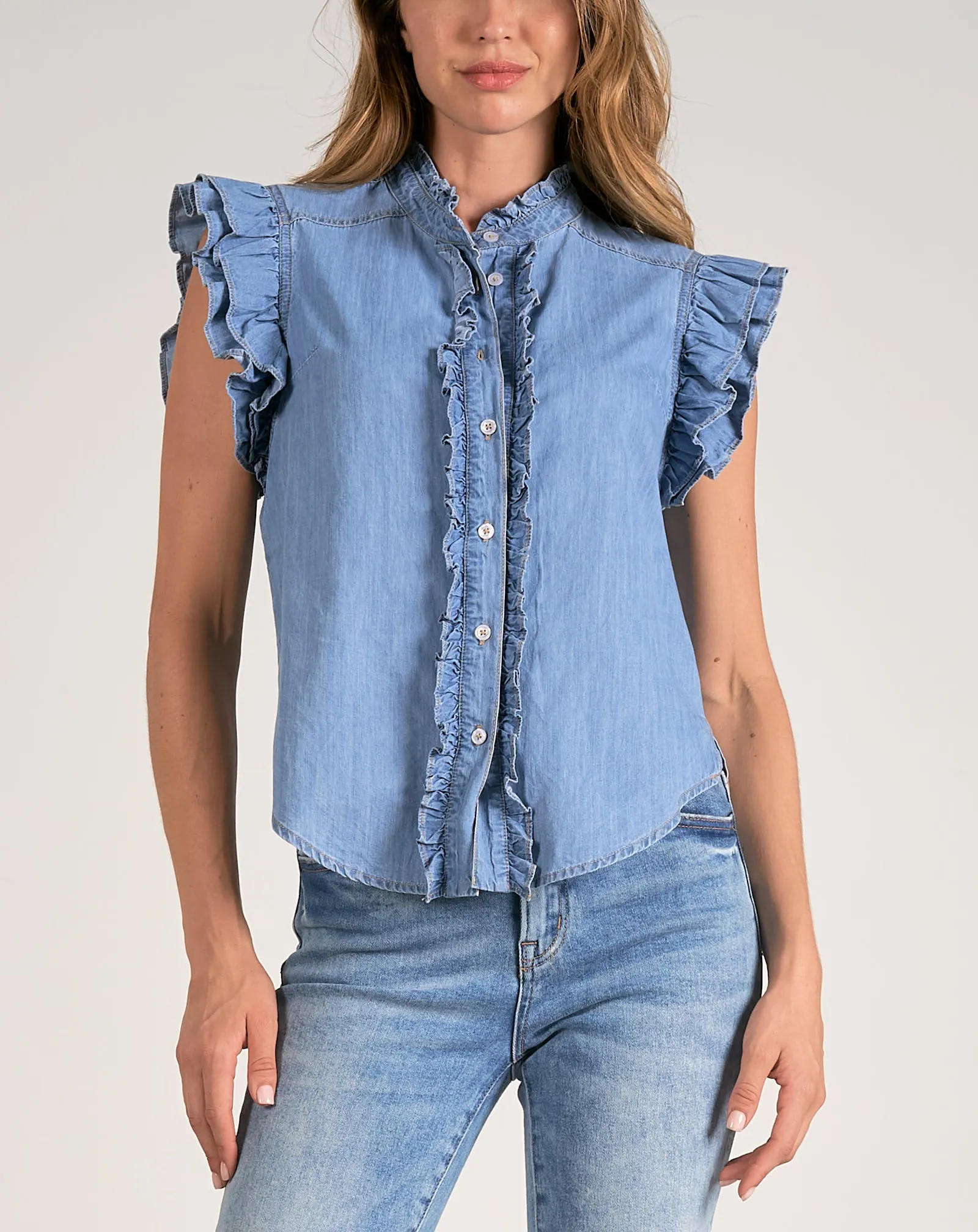 Elan Ruffle Sleeve Denim Top