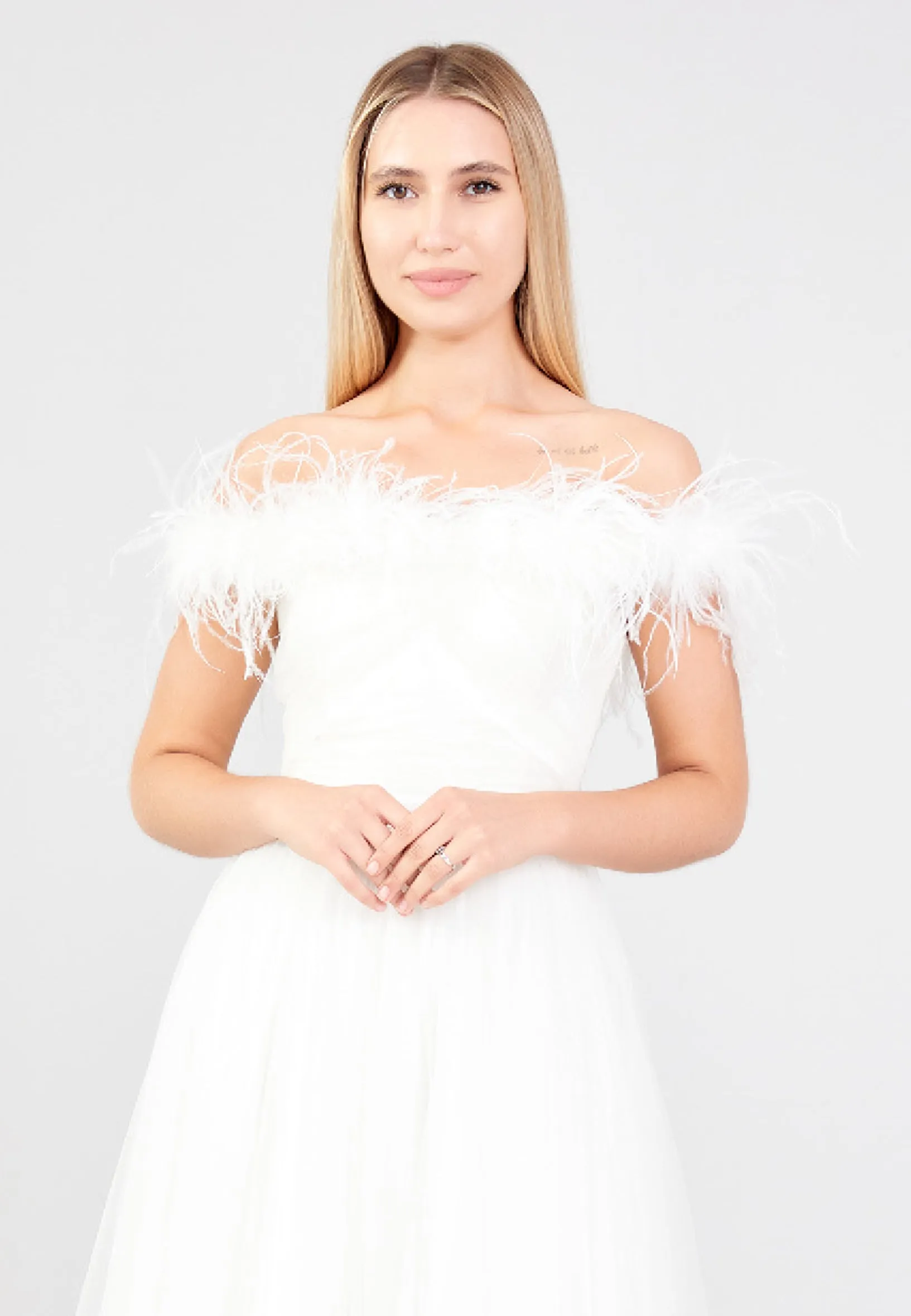 Feather Off Shoulder Maxi Tulle A-Line Dress - White