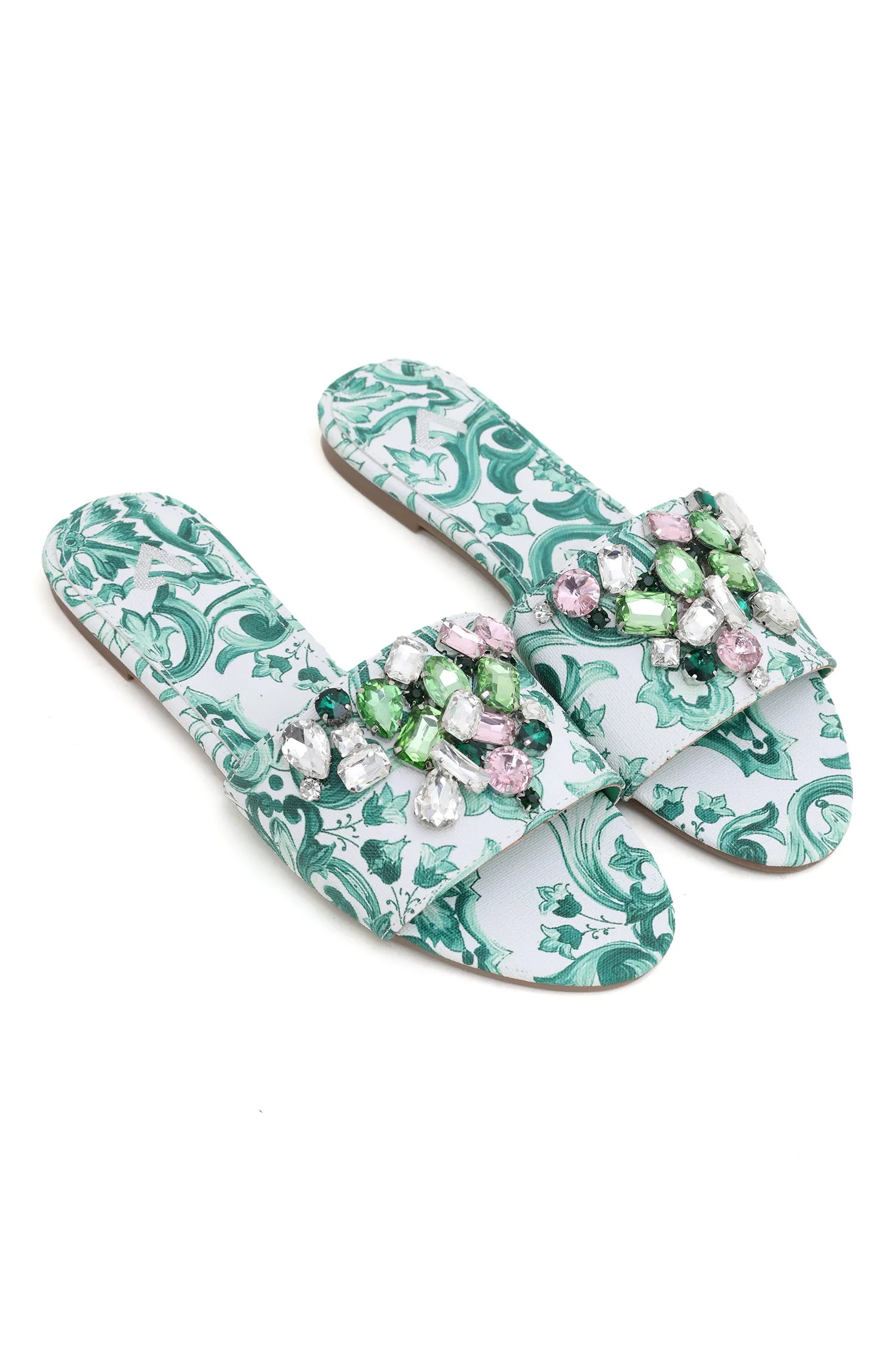 FLORAL ELEGANCE SLIDES-GREEN