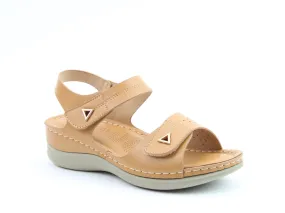 Heavenly Feet Ladies Nora Wedge Velcro Strap Sandal -TAN