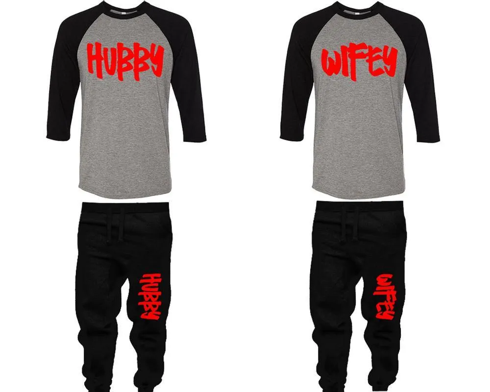 Hubby Wifey Couple Baseball Shirt and Jogger Pants, Matching Top Bottom Set