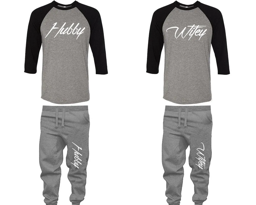 Hubby Wifey Couple Matching Baseball Shirts and Jogger Pants Top & Bottom Sets