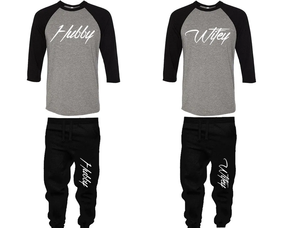 Hubby Wifey Couple Matching Baseball Shirts and Jogger Pants Top & Bottom Sets