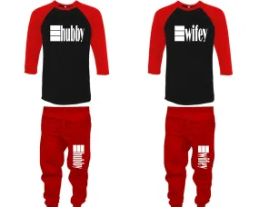 Hubby Wifey Couple Matching Baseball Shirts and Jogger Pants Top Bottom Sets