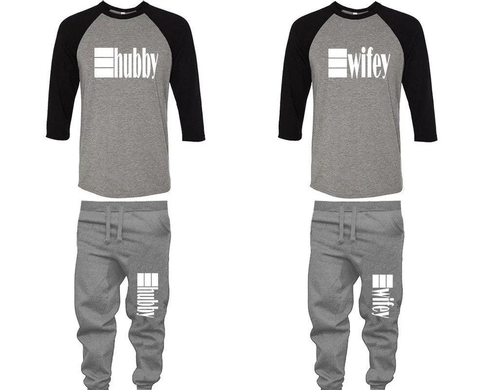 Hubby Wifey Couple Matching Baseball Shirts and Jogger Pants Top Bottom Sets