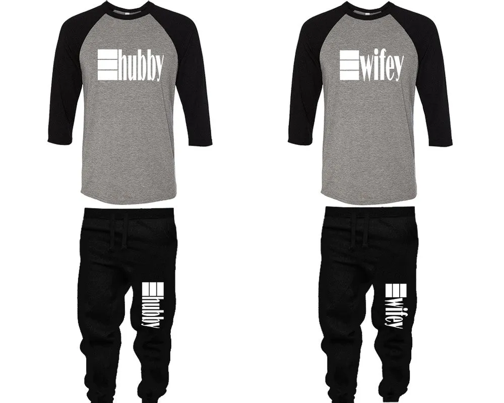 Hubby Wifey Couple Matching Baseball Shirts and Jogger Pants Top Bottom Sets