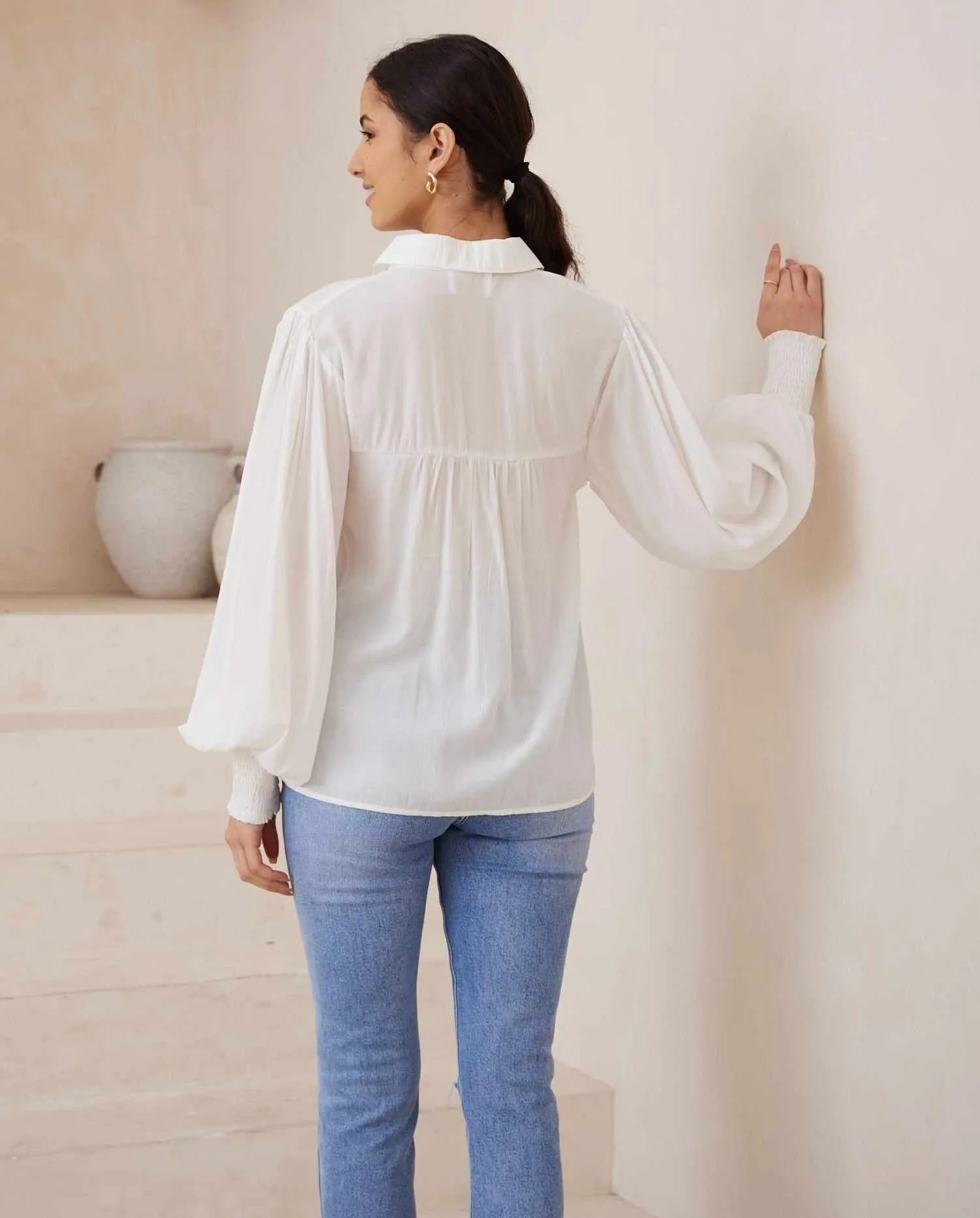 Iris Maxi - Maya Bohemian Blouse Collared Buttoned - White