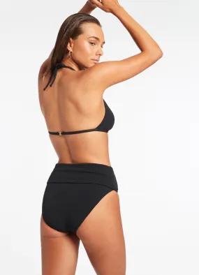 Isla Rib Fold Down High Waisted Bikini Bottom - Black