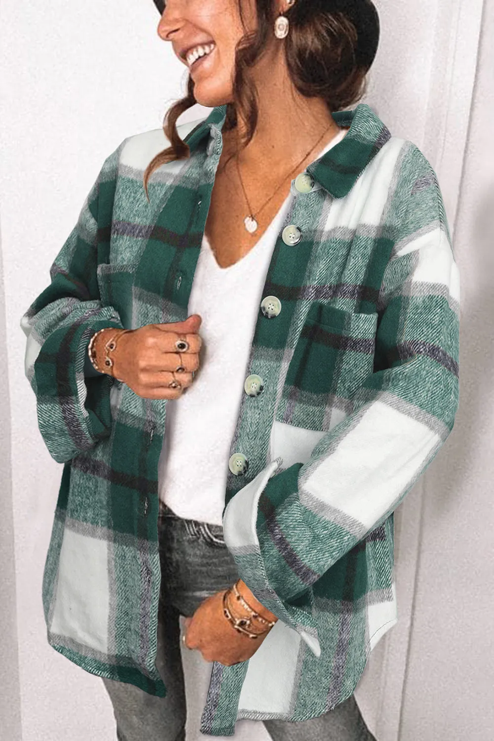 Khaki Plaid Color Block Buttoned Long Sleeve Jacket with Pocket