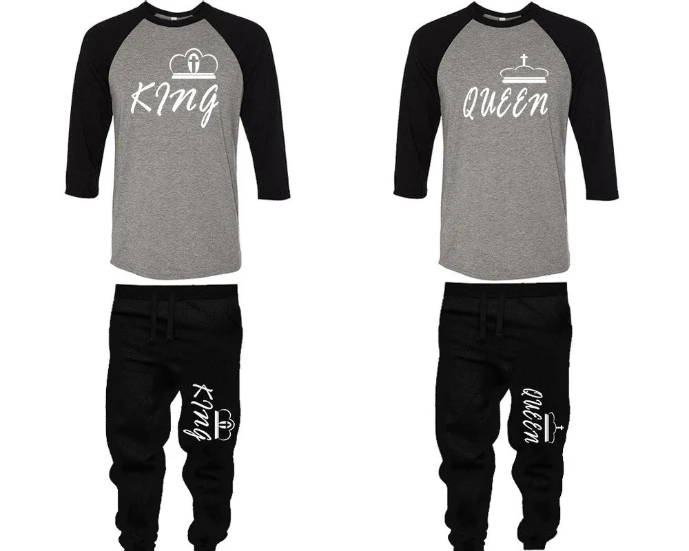 King Queen Couple Matching Baseball Shirts and Jogger Pants Top Bottom Sets