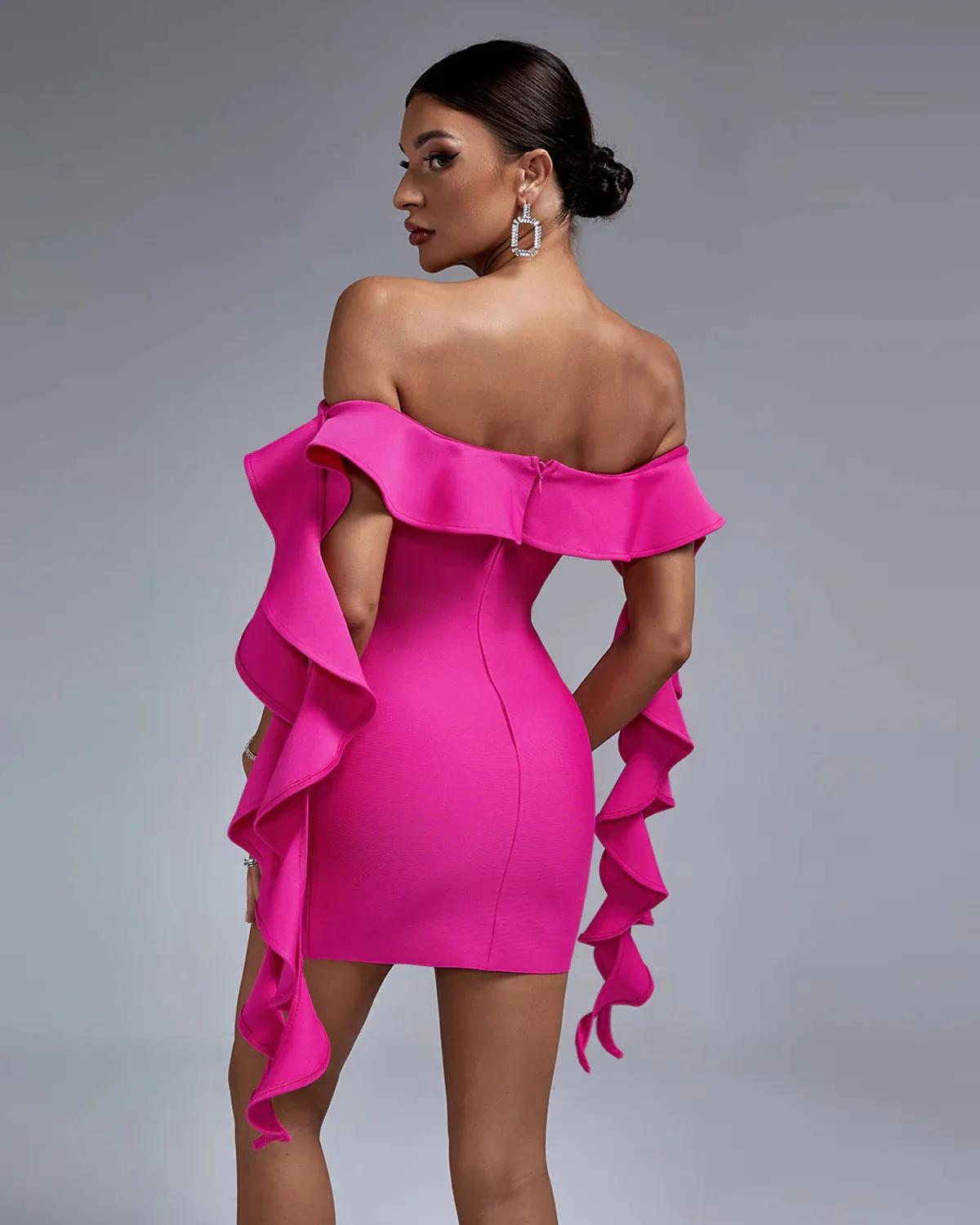 LIA Off Shoulder Ruffle Mini Bandage Dress