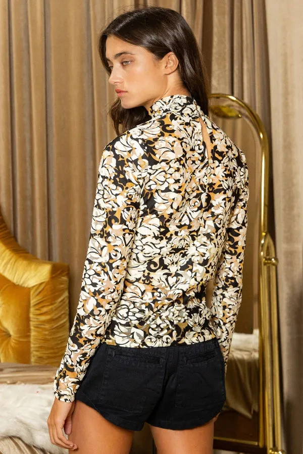 Mock Neck Long Sleeve Slim Fit Floral Sheer Top