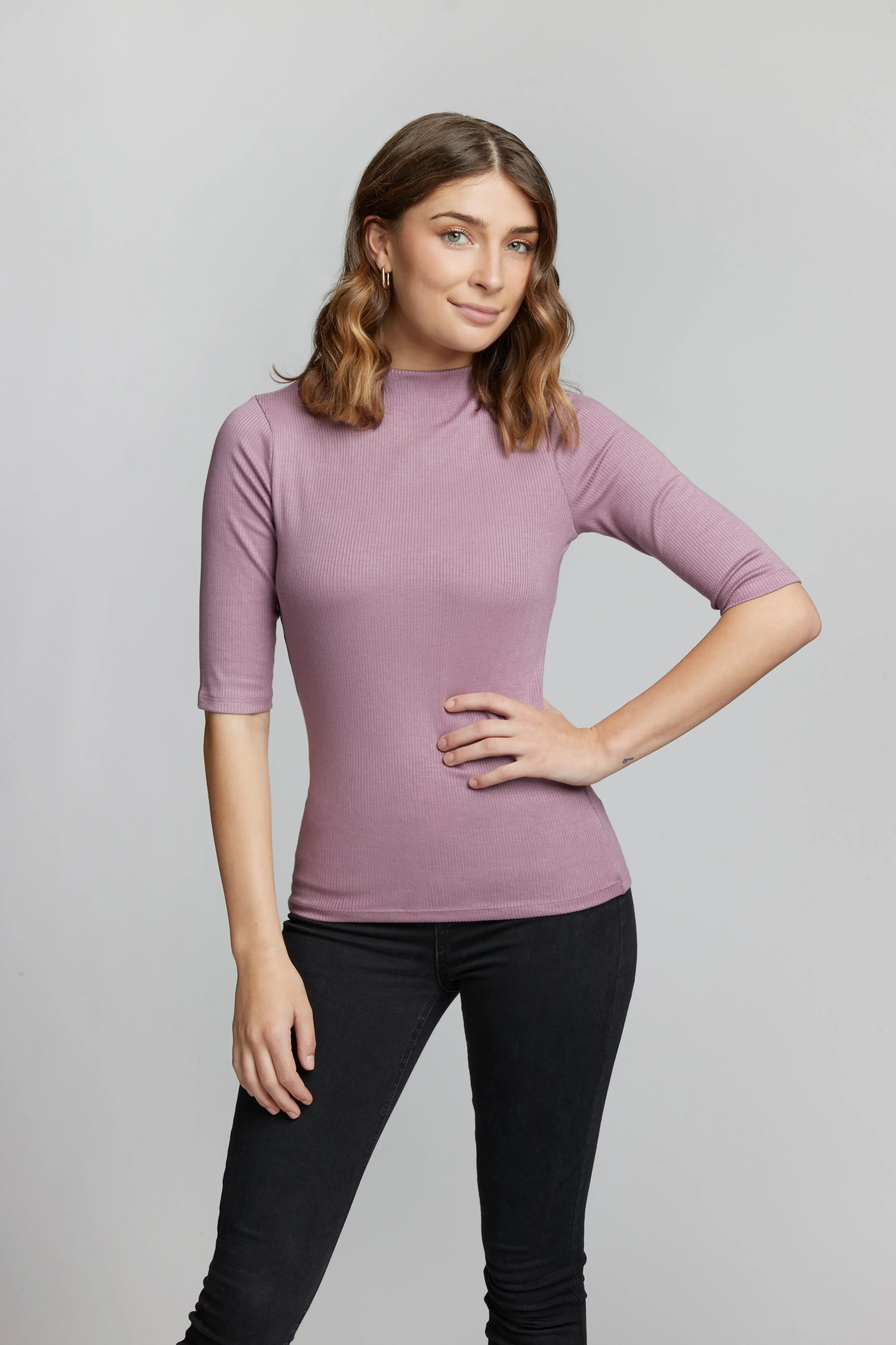 New! Elbow Sleeve Funnel Neck Ribbed Top