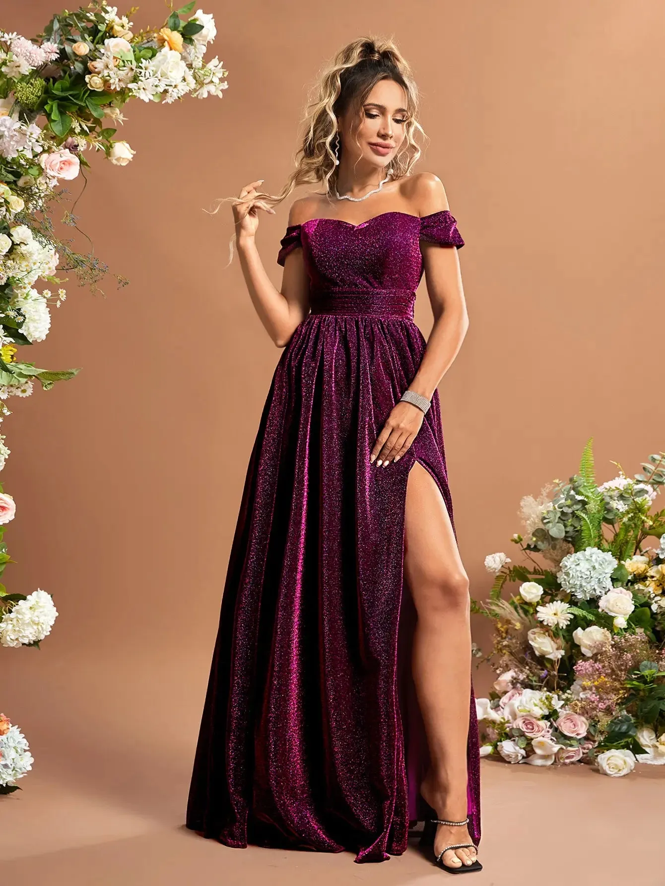 Off Shoulder High Split Glitter Fit Flare Party Dress