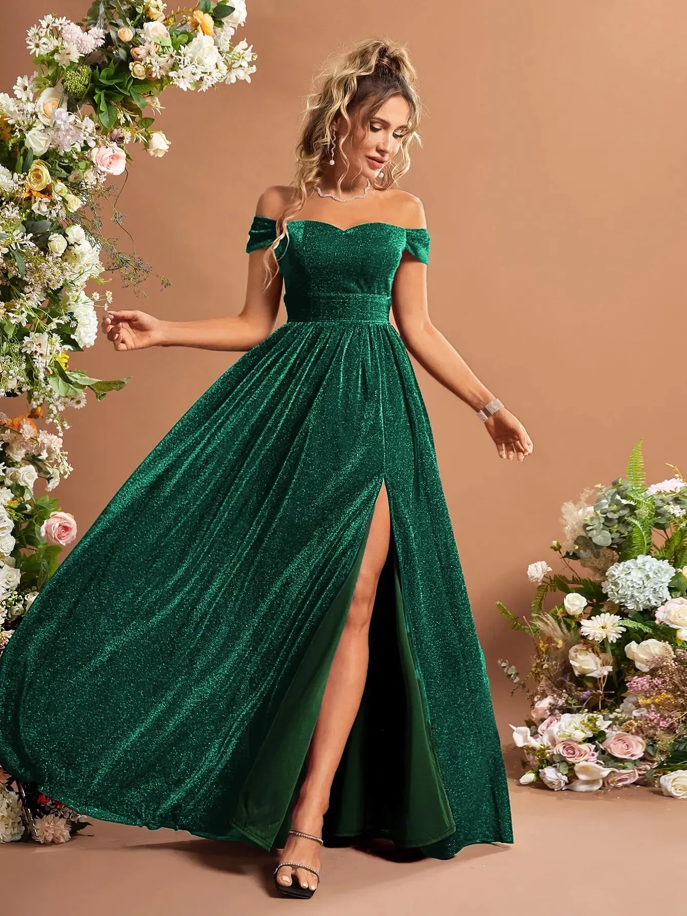 Off Shoulder High Split Glitter Fit Flare Party Dress