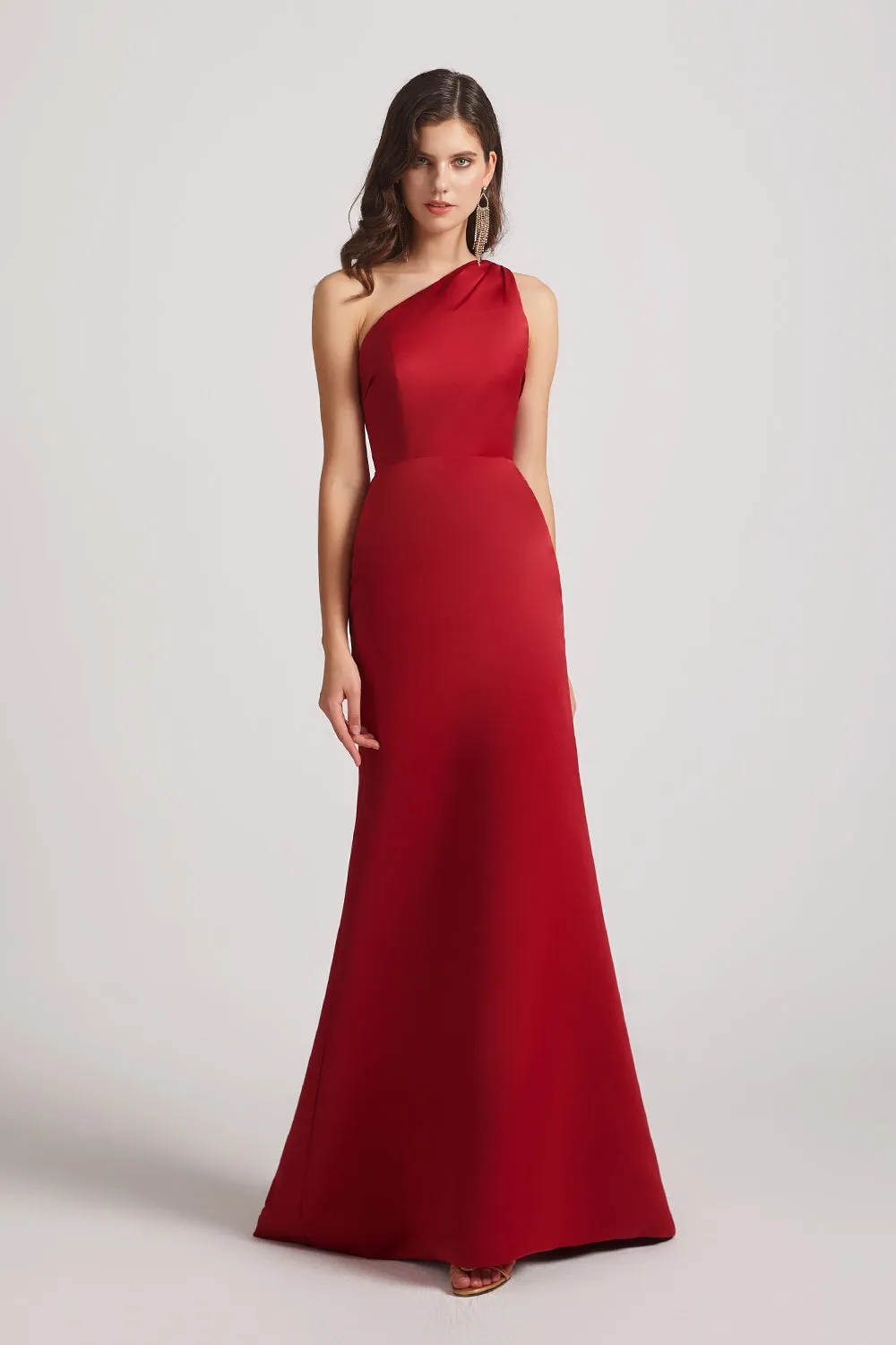 One Shoulder Satin Sheath Open Back Bridesmaid Dresses (AF0165)