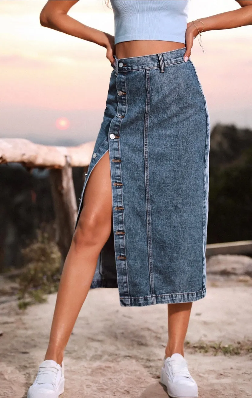 Pastel Blue Button Down Denim Skirt