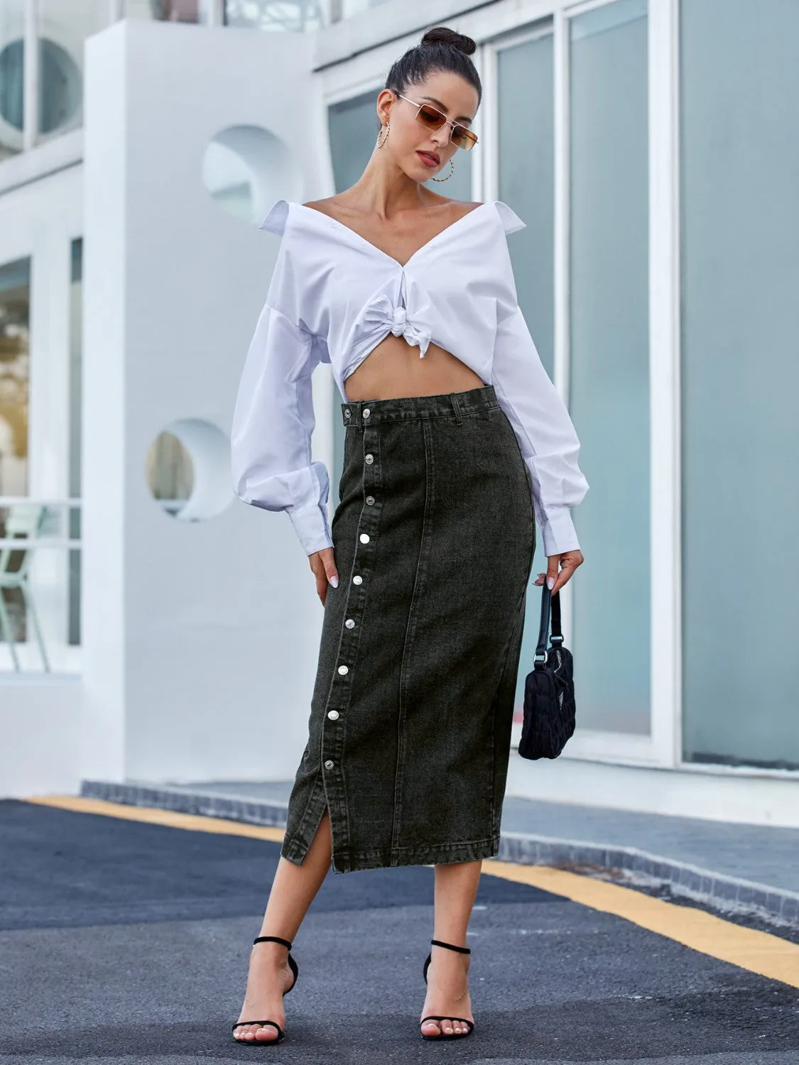 Pastel Blue Button Down Denim Skirt