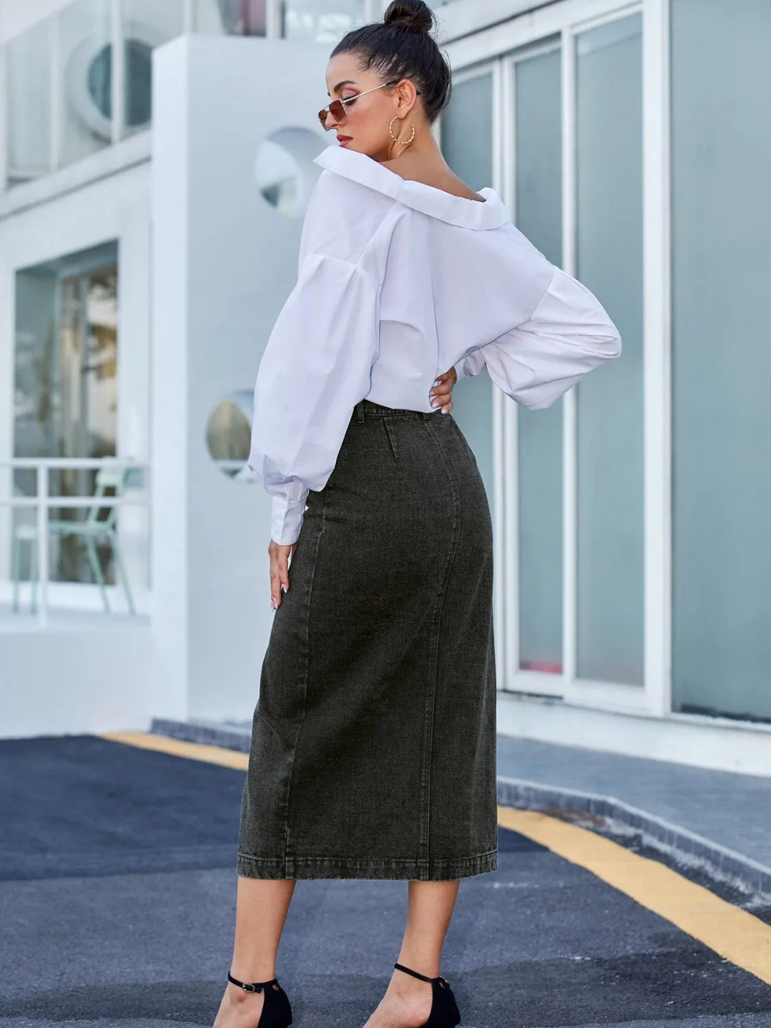 Pastel Blue Button Down Denim Skirt