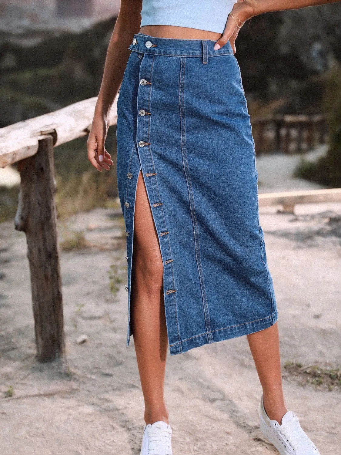 Pastel Blue Button Down Denim Skirt