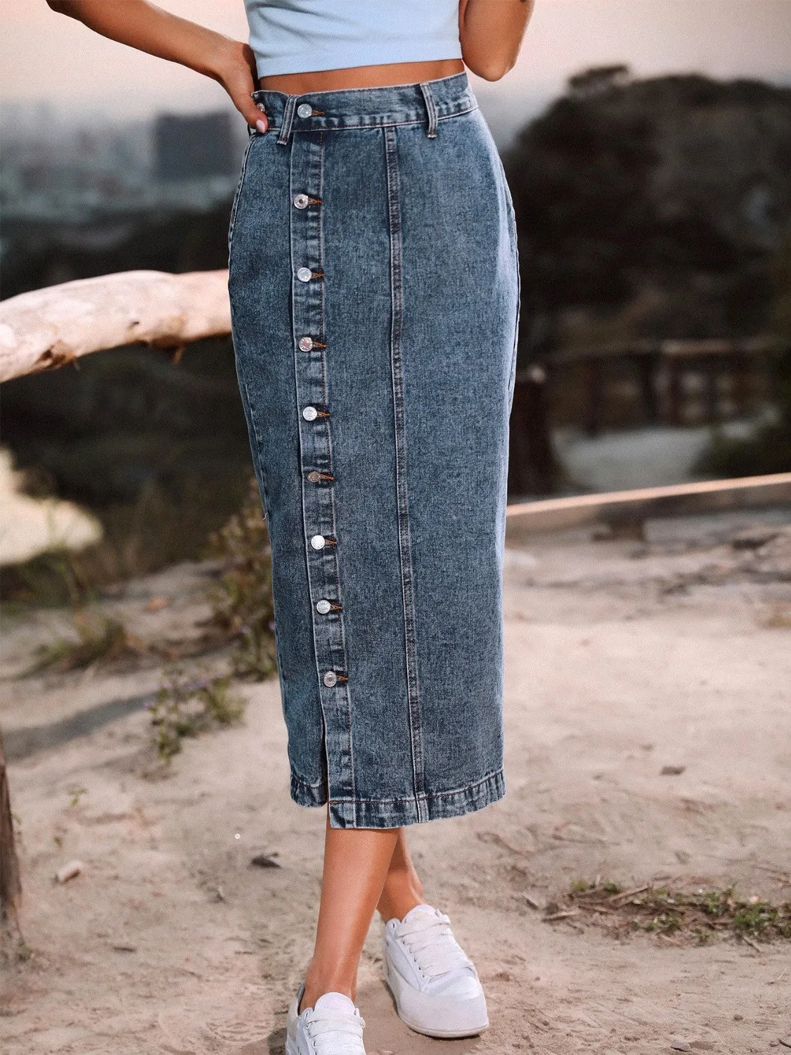 Pastel Blue Button Down Denim Skirt