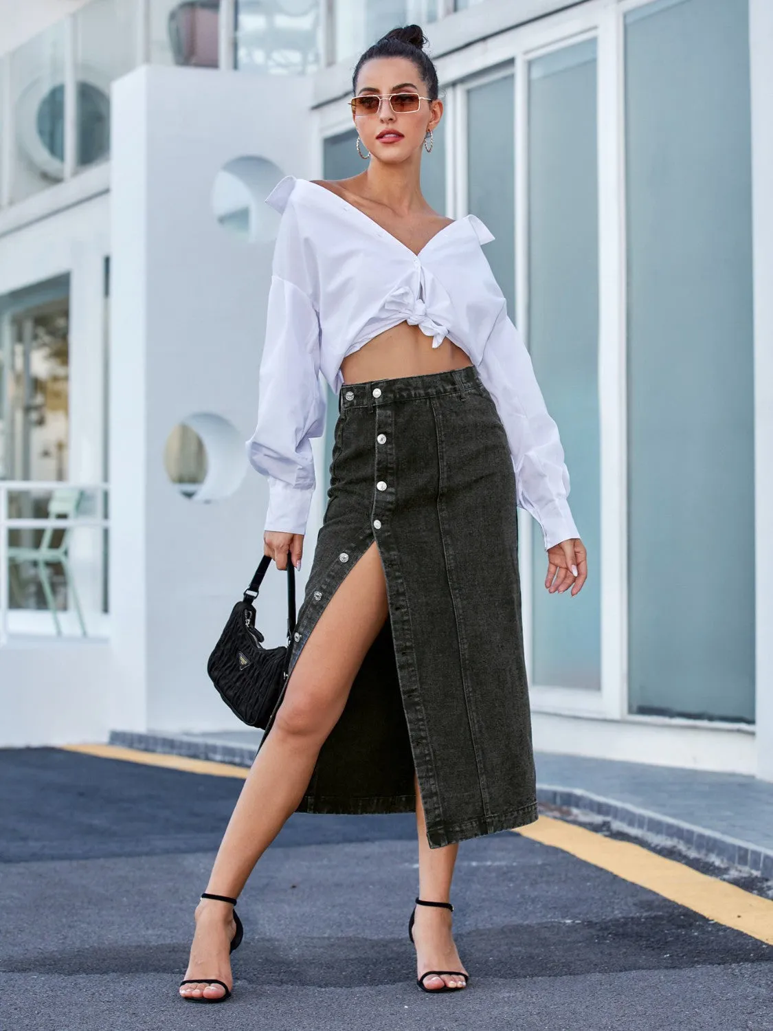 Pastel Blue Button Down Denim Skirt