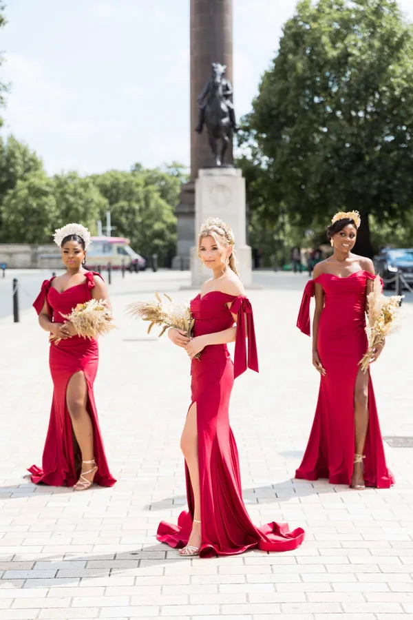 PENELOPE Off Shoulder Bridesmaids Maxi Dress with Bow Train and Side Split - Burgundy