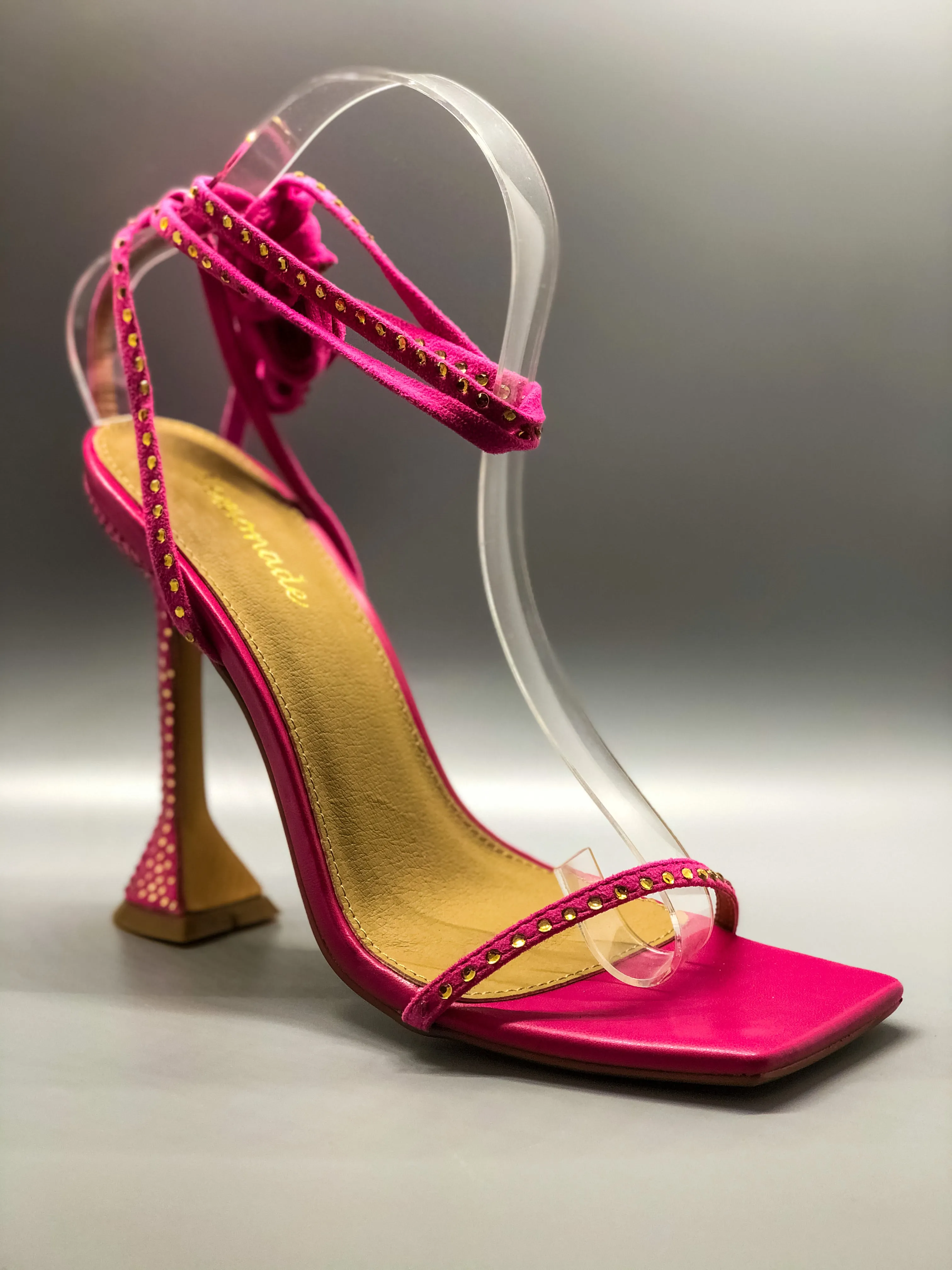 Pink Diamante Detail Lace Up Square Toe Pyramid Heel