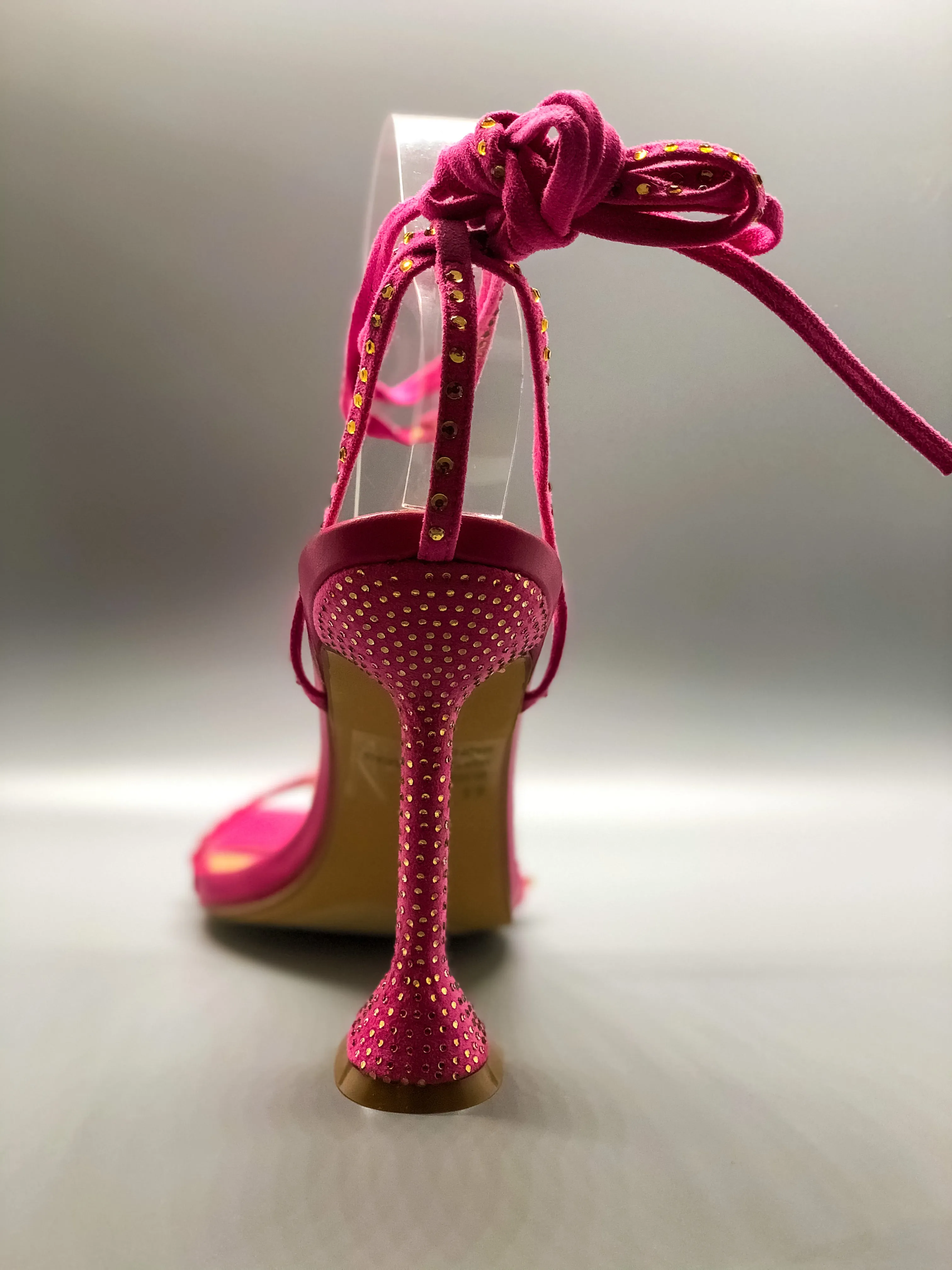 Pink Diamante Detail Lace Up Square Toe Pyramid Heel