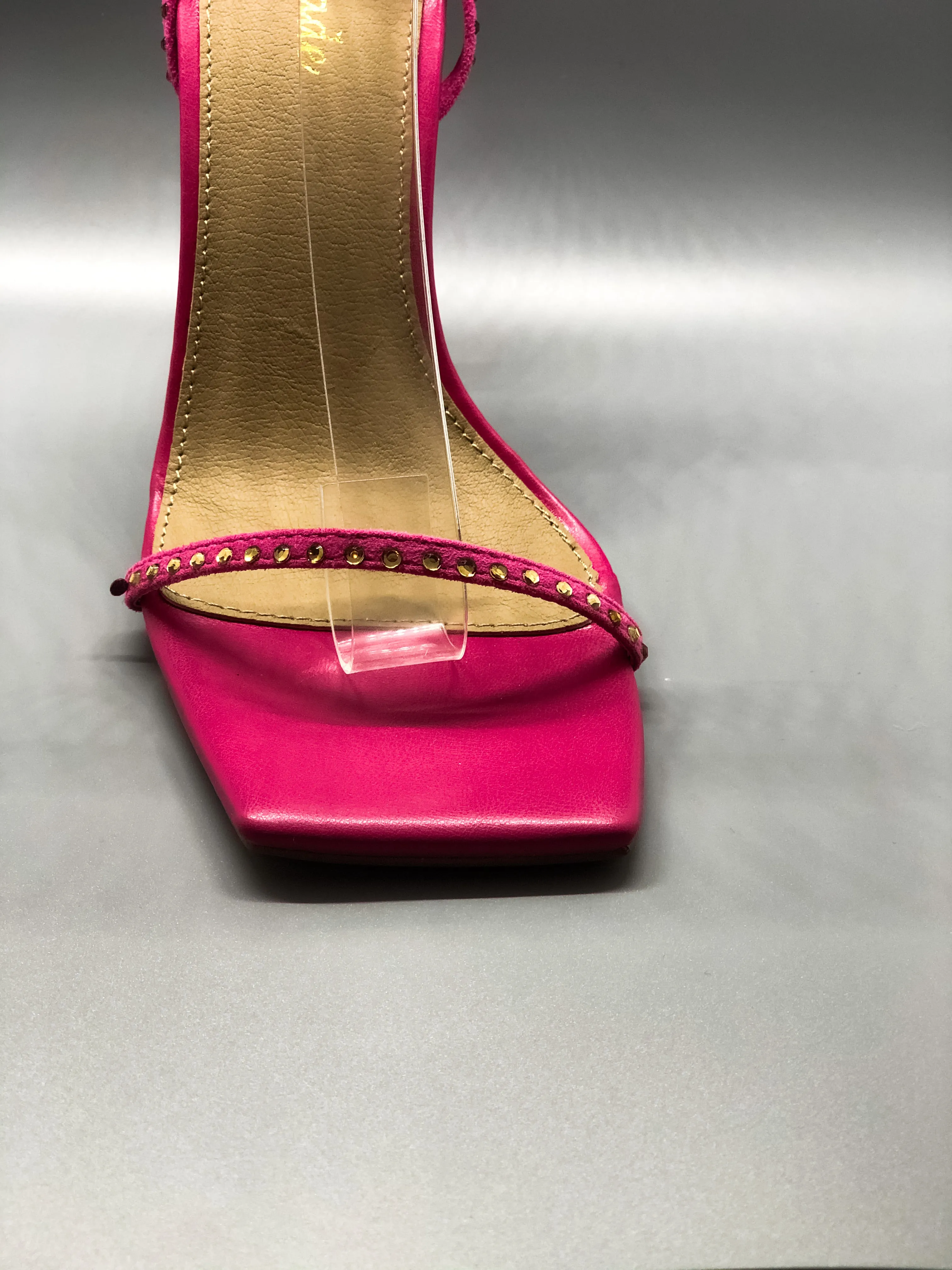 Pink Diamante Detail Lace Up Square Toe Pyramid Heel