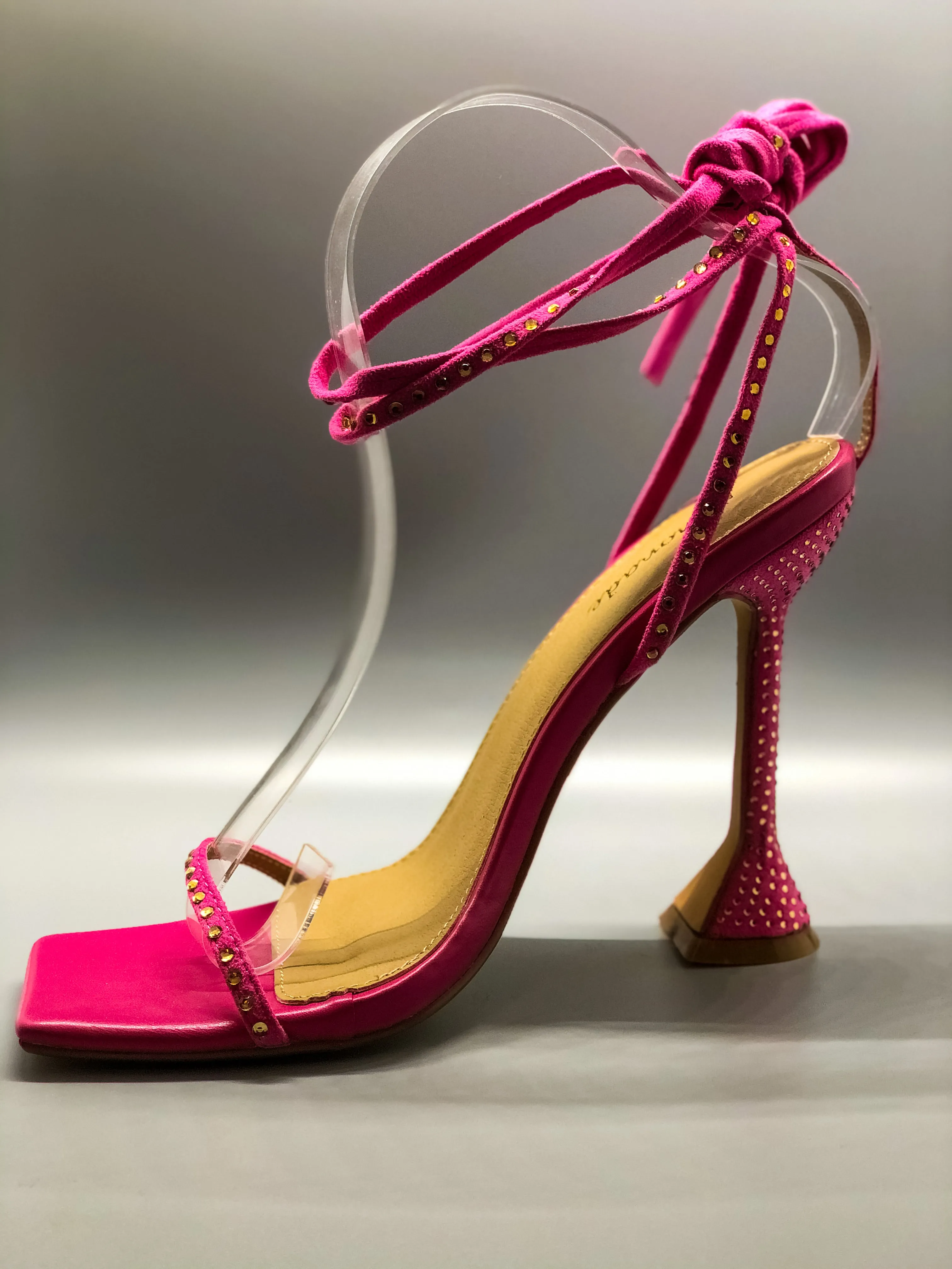 Pink Diamante Detail Lace Up Square Toe Pyramid Heel