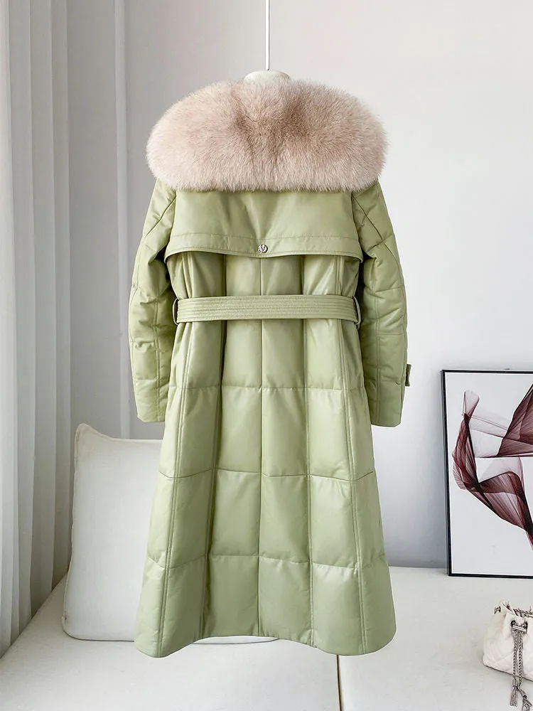 Real Fur Collar Quilted Down Lamb Leather Coat