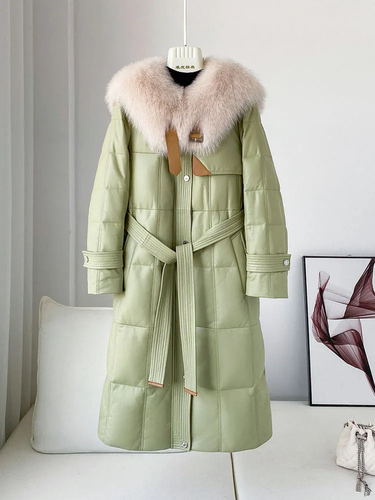 Real Fur Collar Quilted Down Lamb Leather Coat