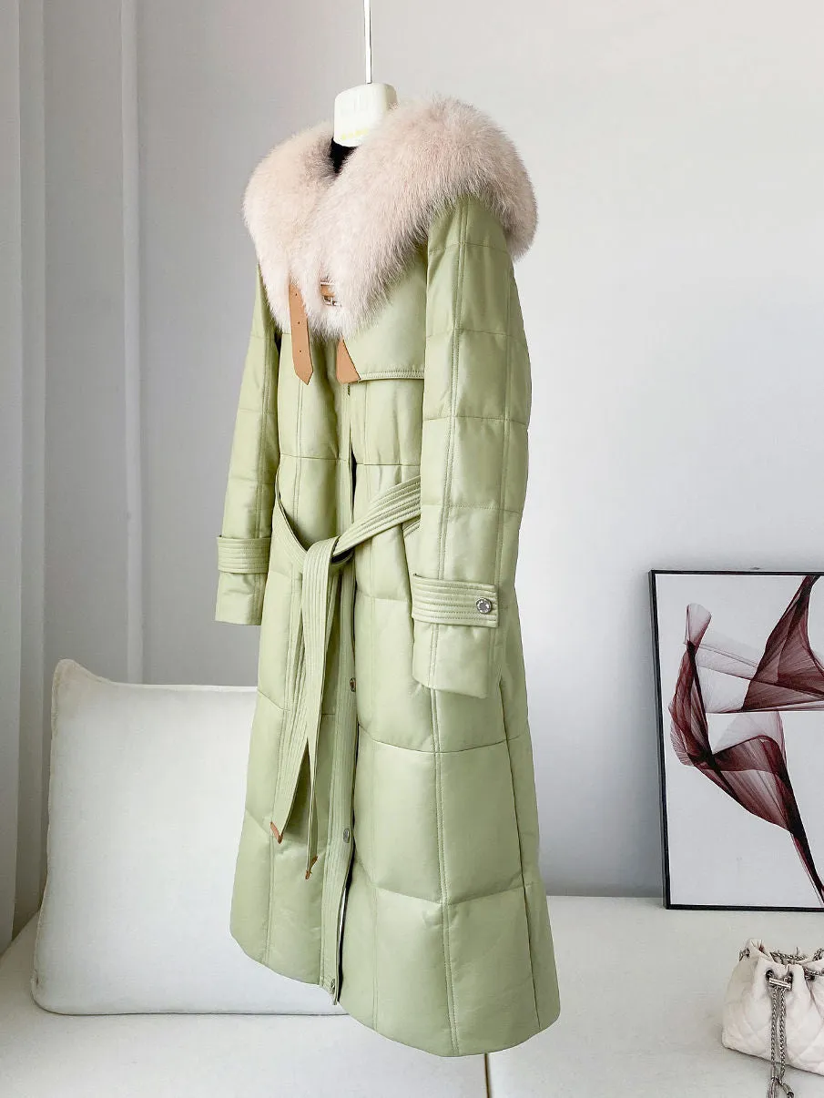 Real Fur Collar Quilted Down Lamb Leather Coat