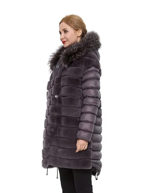 Rex rabbit coat with hood silver fox trim