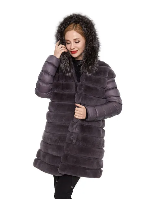 Rex rabbit coat with hood silver fox trim