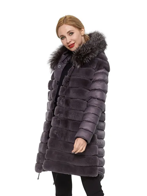 Rex rabbit coat with hood silver fox trim