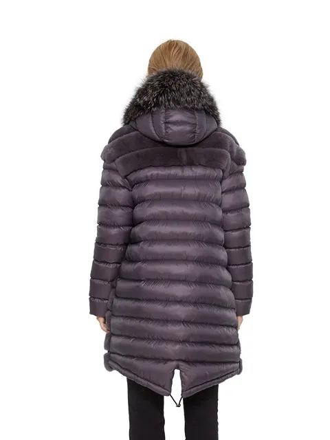 Rex rabbit coat with hood silver fox trim