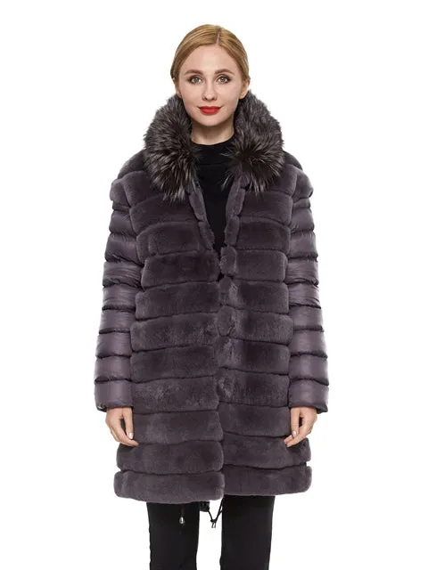 Rex rabbit coat with hood silver fox trim