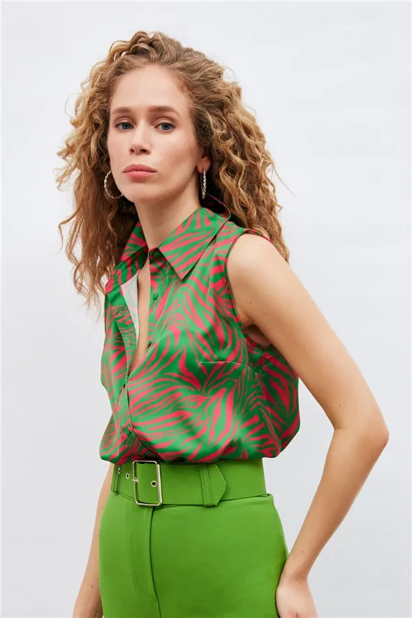 Satin Silk button-down sleeveless shirt - Green Multi